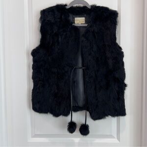 Carrie Allen Plush Black Angora Rabbit Fur Vest with Pom-Tie Closure Size Large